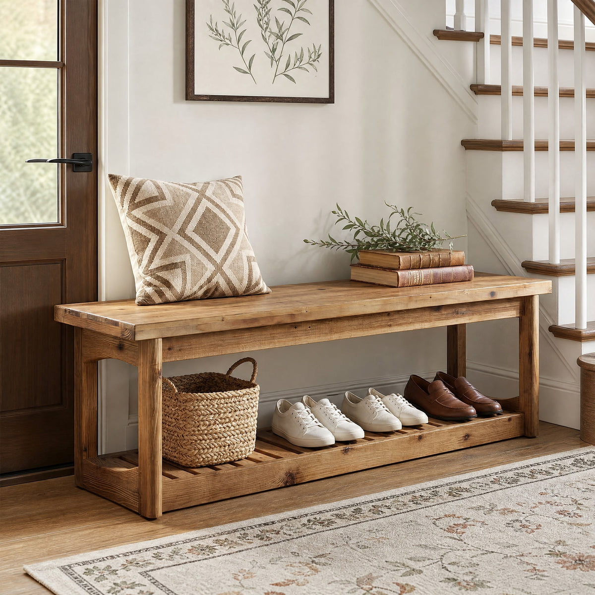 Fnova 63" Solid Wood Entryway Bench with Shoe Organizer, Farmhouse End of Bed Bench for Bedroom, Brown