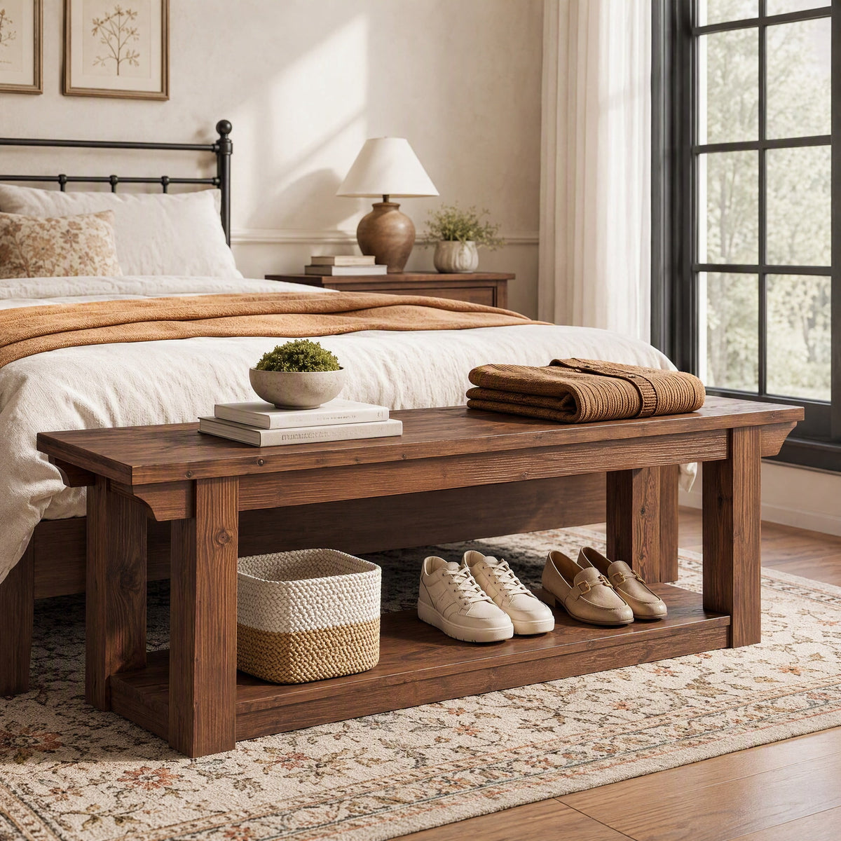 Fnova 63" Solid Wood Entryway Shoe Bench, 2-Tier End of Bed Bench with Storage for Dining Room, Living Room, Easy Assembly, Brown