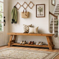 Fnova 63" Solid Wood Storage Bench with Shoe Rack, 2-Tier Entryway Bench for Living Room, Easy Assembly, Brown