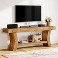Fnova 63" Solid Wood TV Stand up to 75", Farmhouse Media Console Table with Storage, Low Entertainment Center for Living Room, Brown