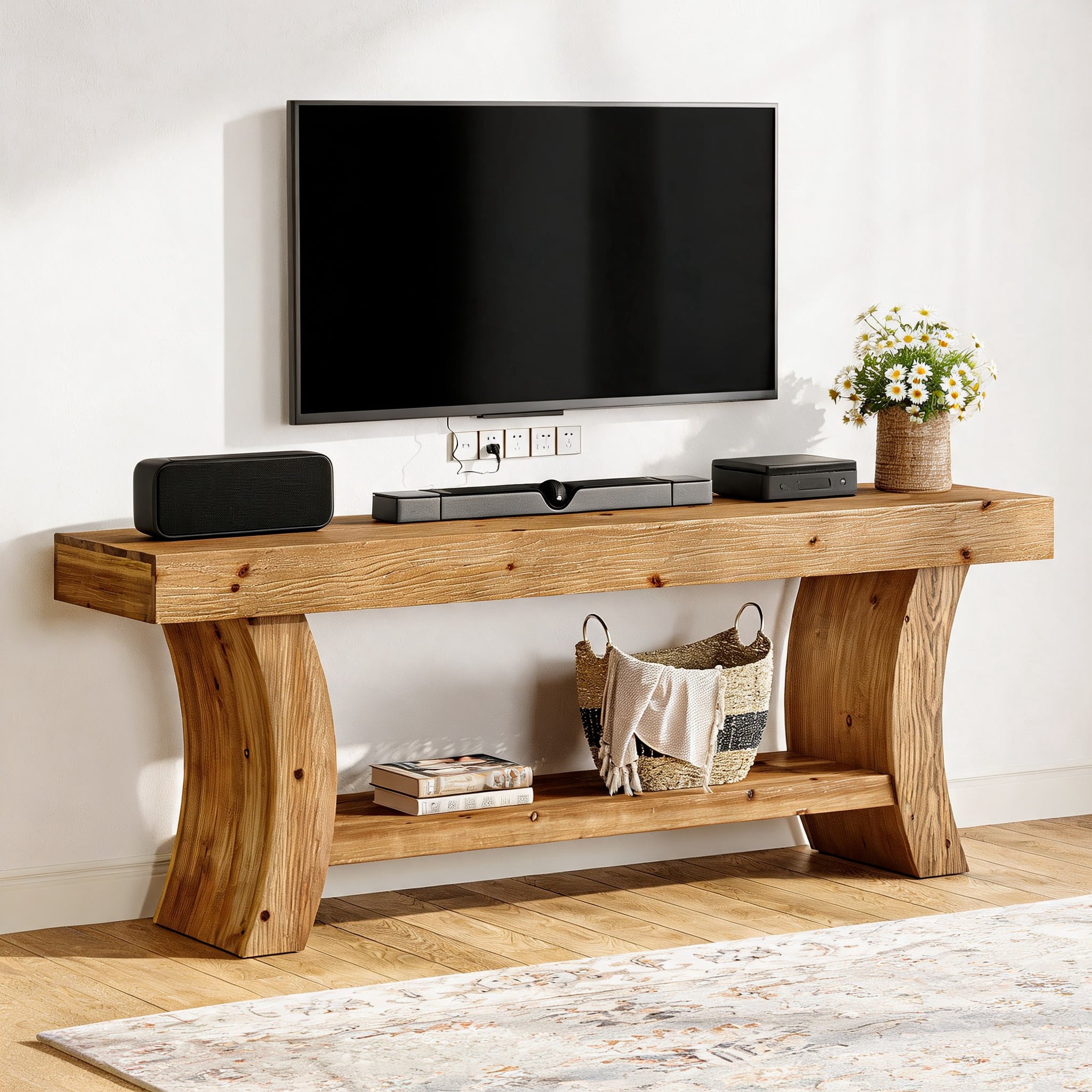 Fnova 63" Solid Wood TV Stand up to 75", Farmhouse Media Console Table with Storage, Low Entertainment Center for Living Room, Brown