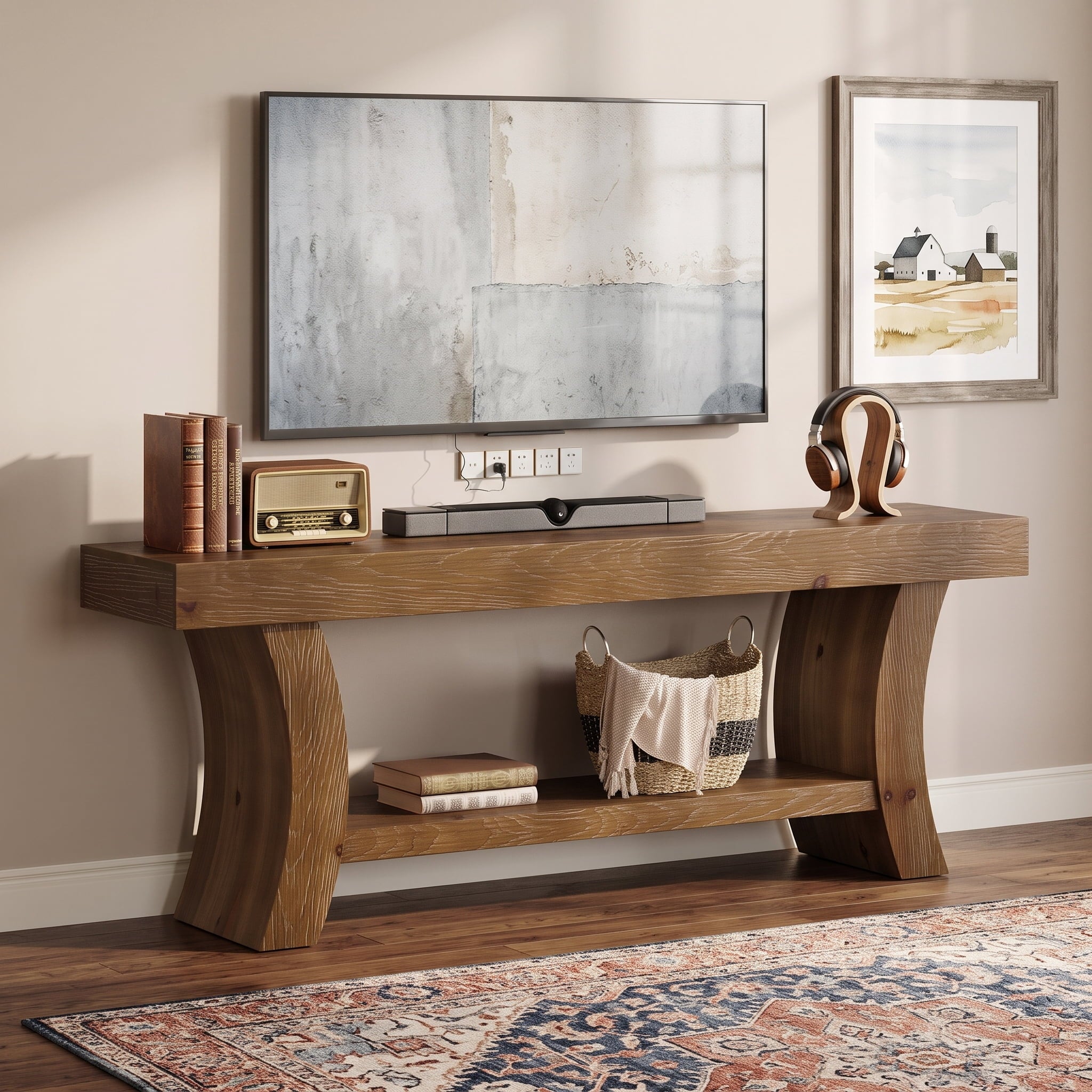Fnova 63" Solid Wood TV Stand up to 75", Farmhouse Media Console Table with Storage, Low Entertainment Center for Living Room, Rustic Brown