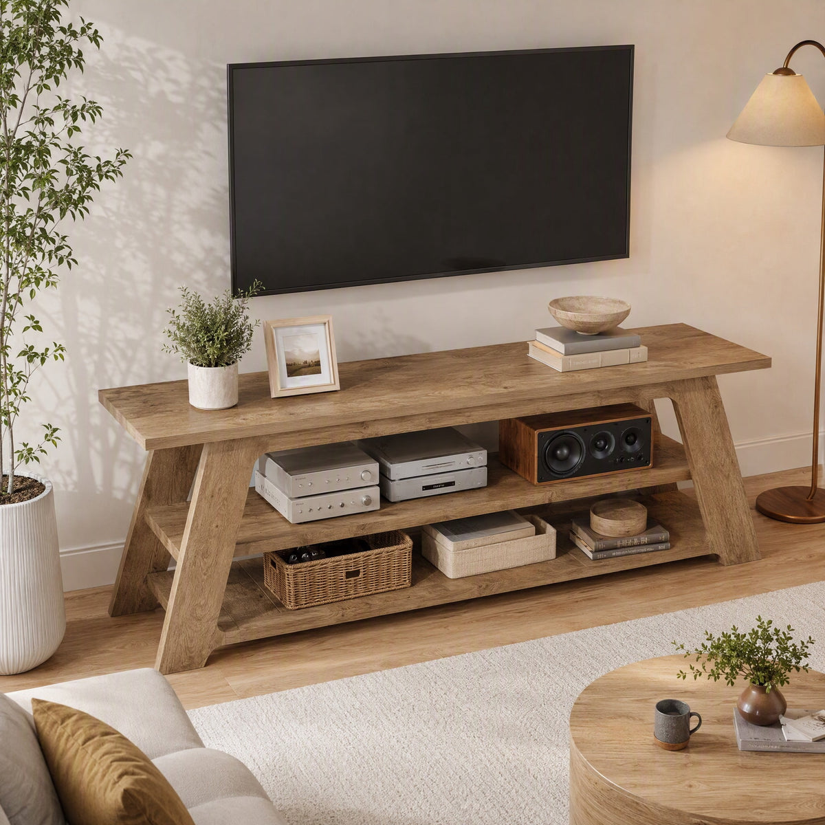 Fnova 63" TV Stand, Farmhouse Media Console Table with 3-Tier Open Storage, Industrial Entertainment Center for Living Room, Brown