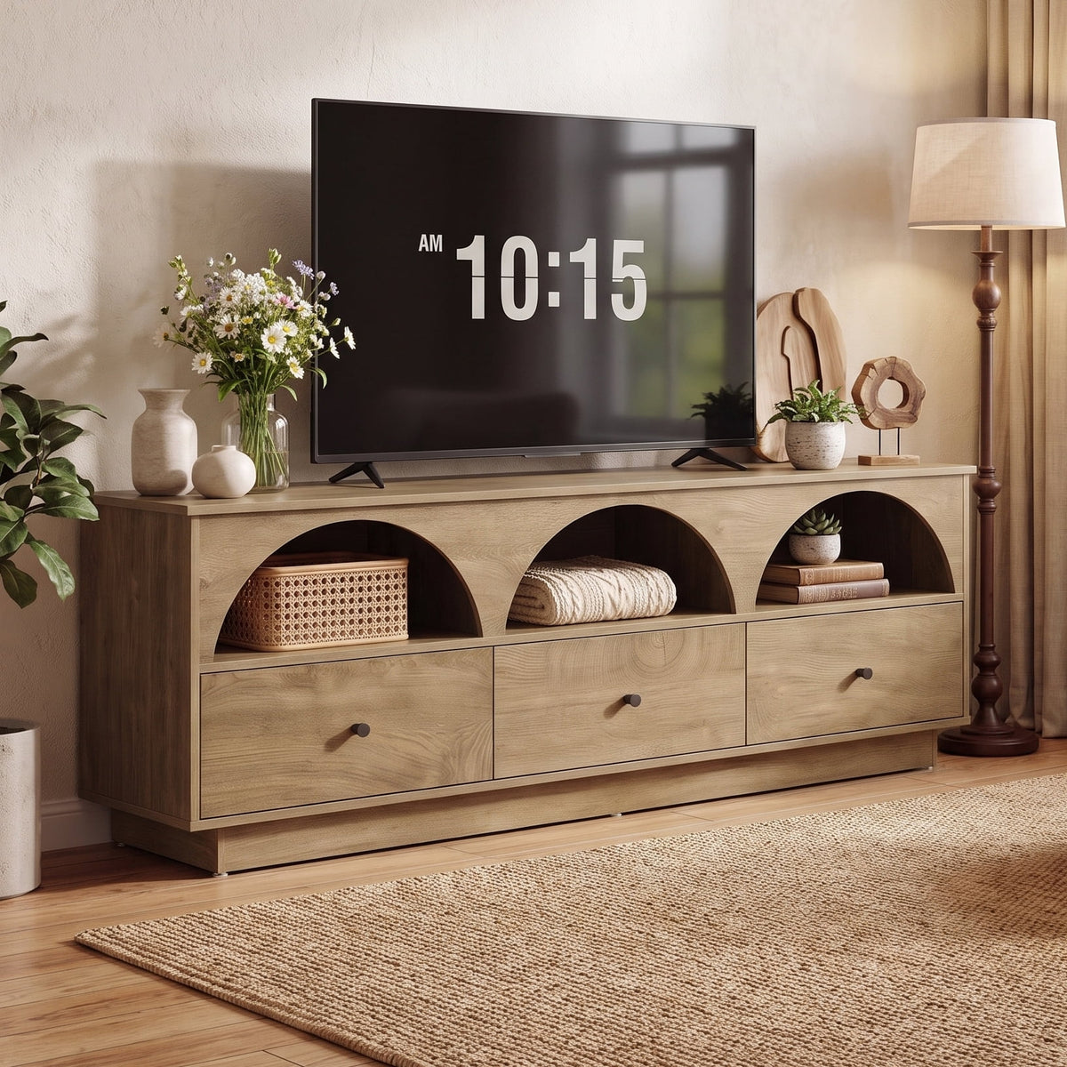 Fnova 63" TV Stand for TVs up to 65 Inch, Mid-Century Modern Entertainment Center with 3 Drawers, 3 Arched Open Shelves & Cable Management, Wooden Media Console Cabinet, Natural Brown