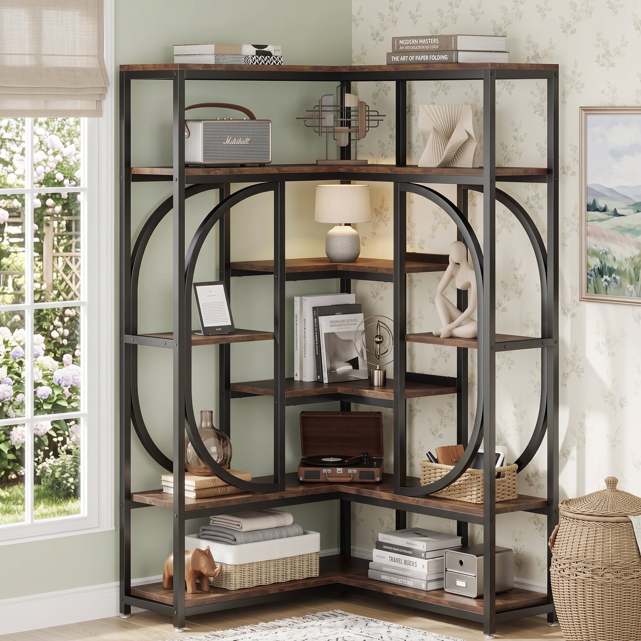 Fnova 69" Large Industrial Corner Bookshelf, 7-Shelf Tall L-Shaped Corner Bookcase with Storage, Metal Frame Display Rack for Home Office, Rustic Brown