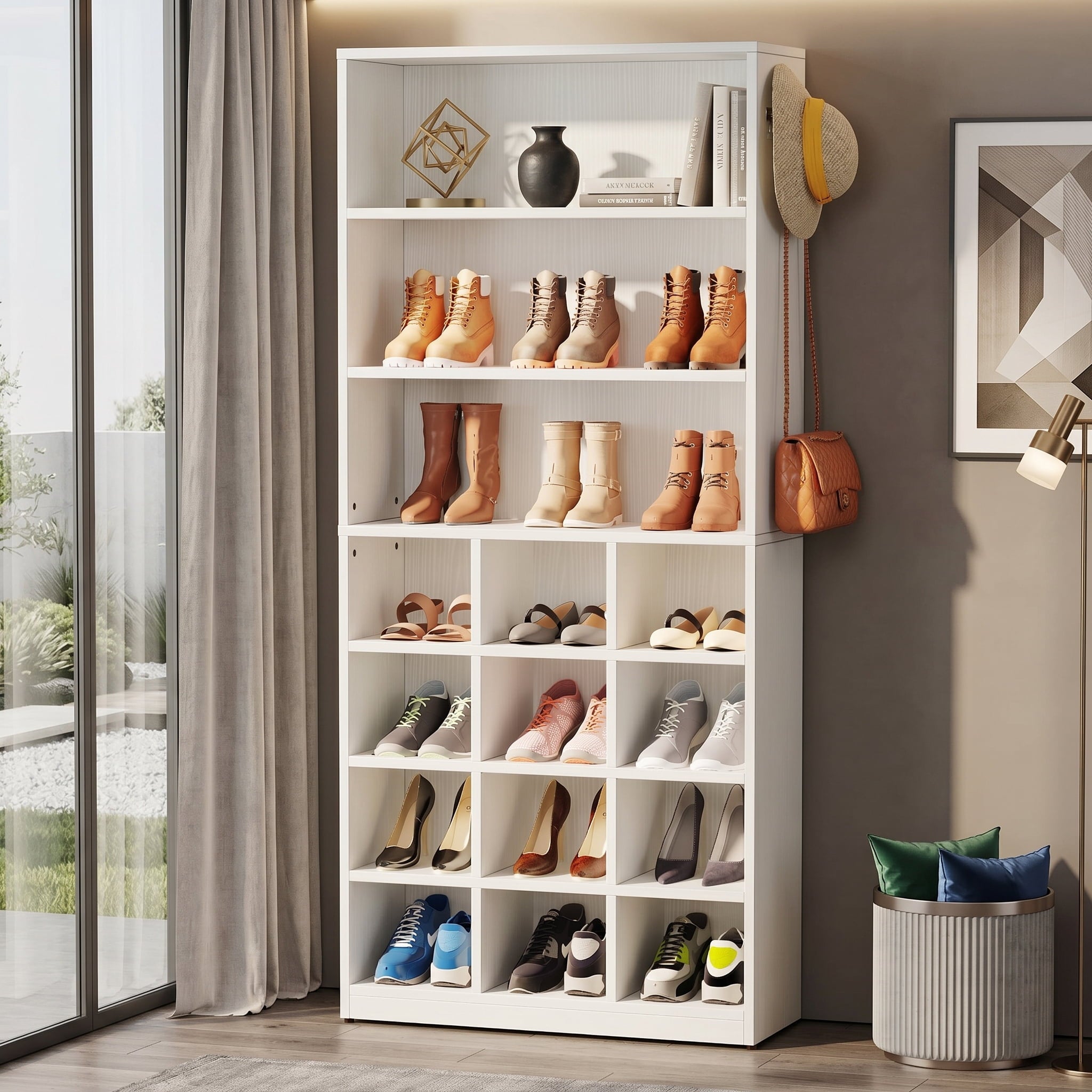 Fnova 7-Tier 24-Pairs Tall Shoe Cabinet Storage, Wood Shoe Rack Organizer with 3 Adjustable Side Hooks, Freestanding Shoe Shelf for Entryway, Living Room, White