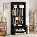 Fnova 70.8" Hall Tree with Bench and Shoe Storage, Farmhouse Coat Racks with 4 Hooks, Space-Saving, Black