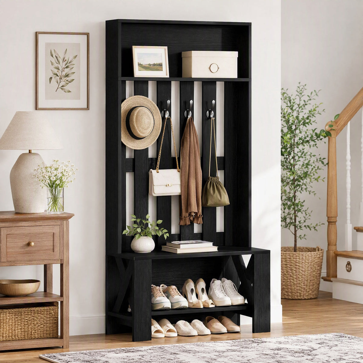 Fnova 70.8" Hall Tree with Bench and Shoe Storage, Farmhouse Coat Racks with 4 Hooks, Space-Saving, Black