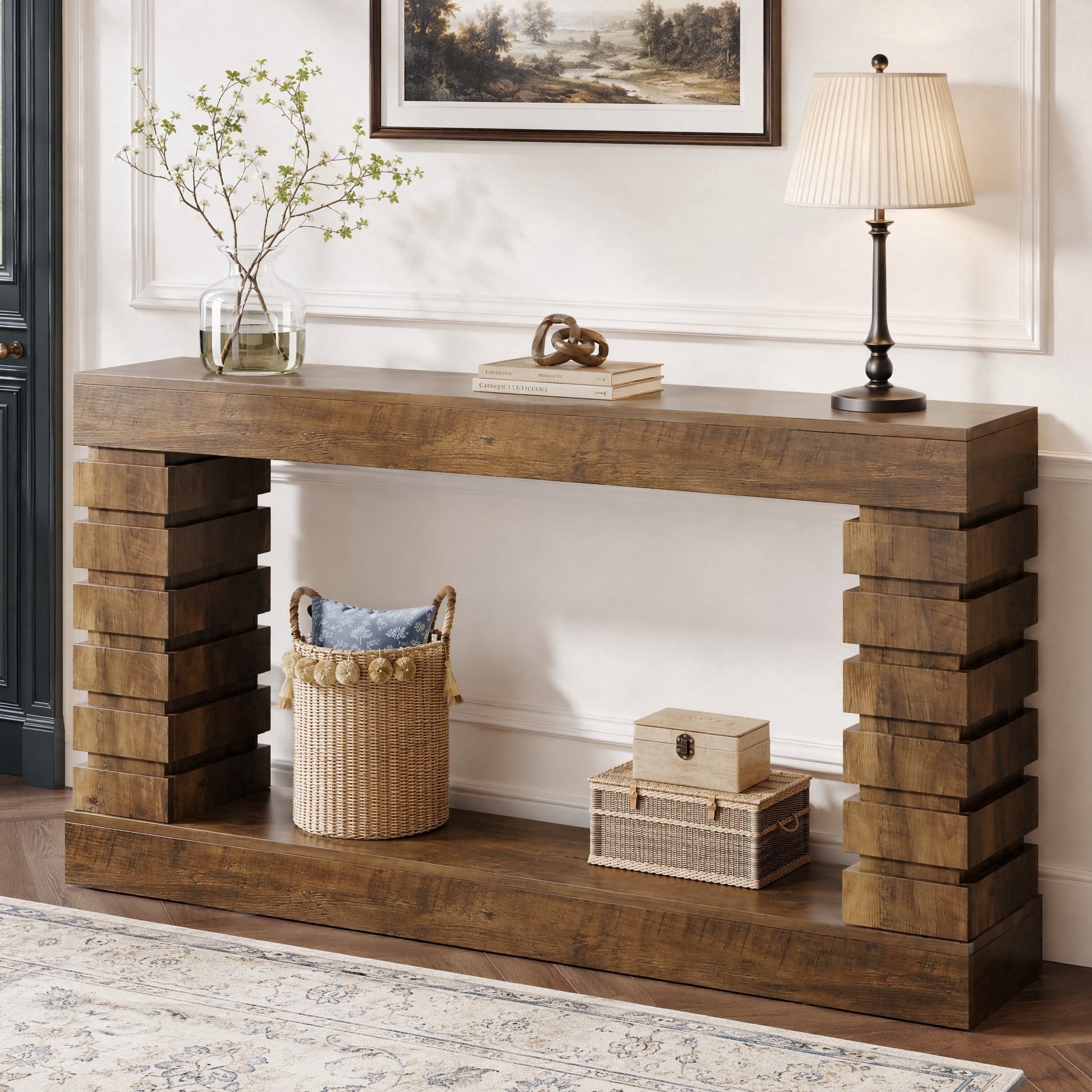 Fnova 70.8" Long Console Table with Storage, Wooden Living Room Table, Farmhouse Sofa Table Couch Table for Hallway, Entrance, Foyer, Brown