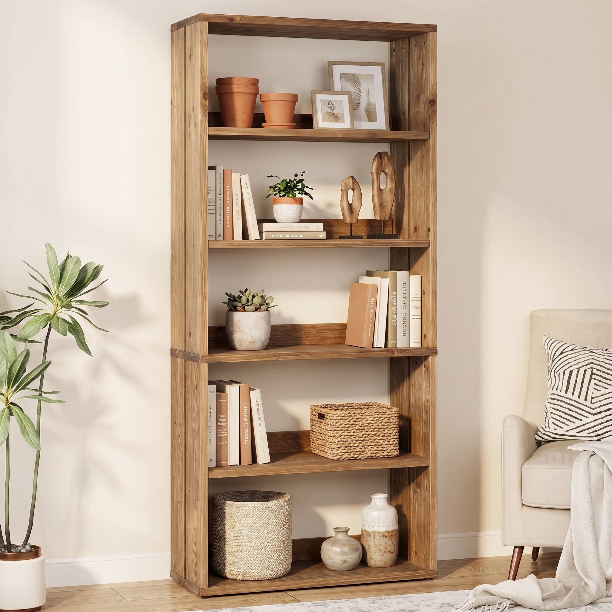 Fnova 70.8" Solid Wood Bookshelf, 5 Tier Farmhouse Bookcase with Open Storage Shelves, Freestanding Bookcase for Living Room, Bedroom, Home Office, Brown