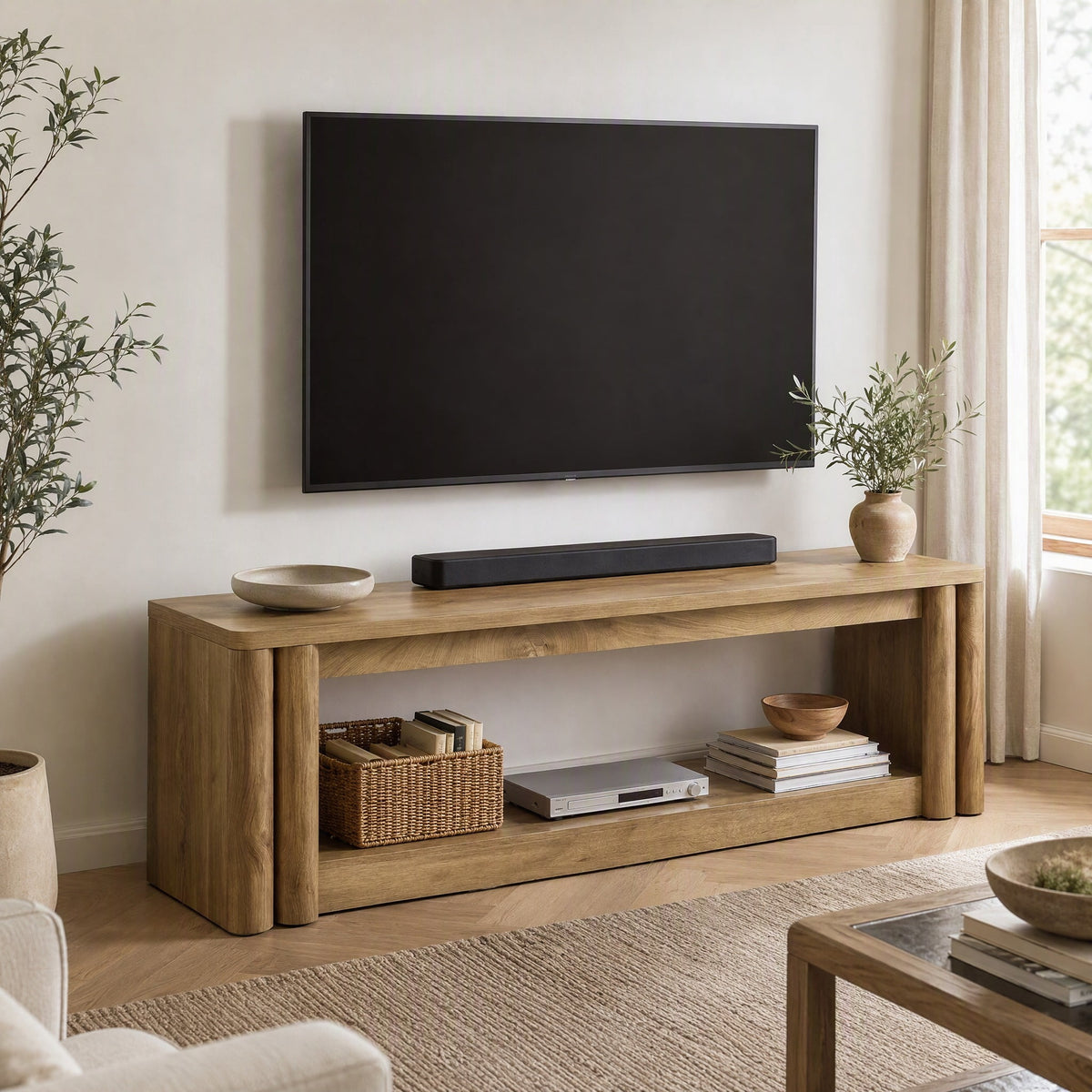 Fnova 70.8" TV Stand, 2-Tier Wooden Media Console Table with Open Storage Shelf, Farmhouse Entertainment Center for TVs up to 75 Inches,TV Cabinet for Living Room, Bedroom, Natural Brown
