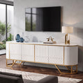 Fnova 70.8" TV Stand for TVs up to 80 Inch, Modern Fluted Entertainment Center with Storage Cabinets, Push-to-Open Doors, Gold Metal Frame & Media Console Cabinet, White & Gold