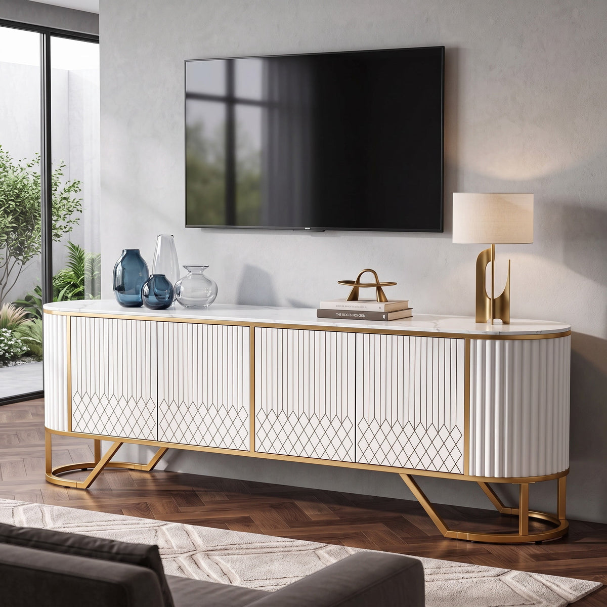 Fnova 70.8" TV Stand for TVs up to 80 Inch, Modern Fluted Entertainment Center with Storage Cabinets, Push-to-Open Doors, Gold Metal Frame & Media Console Cabinet, White & Gold