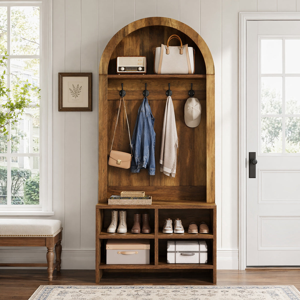 Fnova 70.87" Arched Hall Tree with Shoe Bench & Shoe Storage, 4-in-1 Tall Coat Rack with 4 Hooks & Storage Cubbies for Entryway, Hallway, Brown