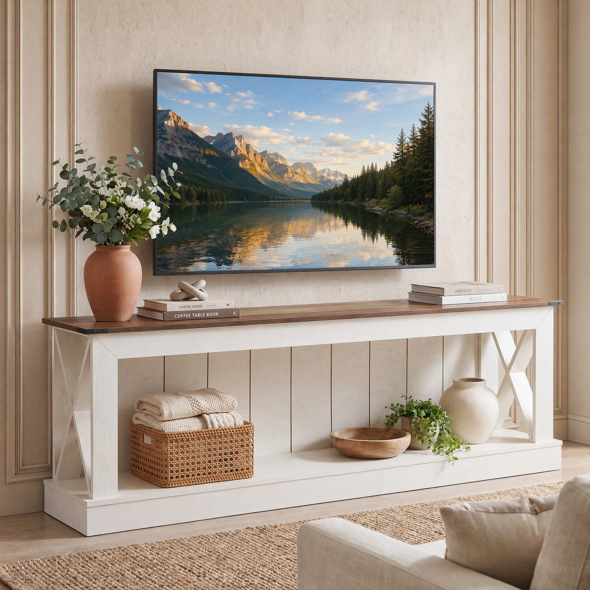 Fnova 70.87" Farmhouse TV Stand for TVs up to 85 Inch, Entertainment Center with 2-Tier Open Storage Shelves, Wood Media Console Table for Living Room & Bedroom, Honey Brown & White