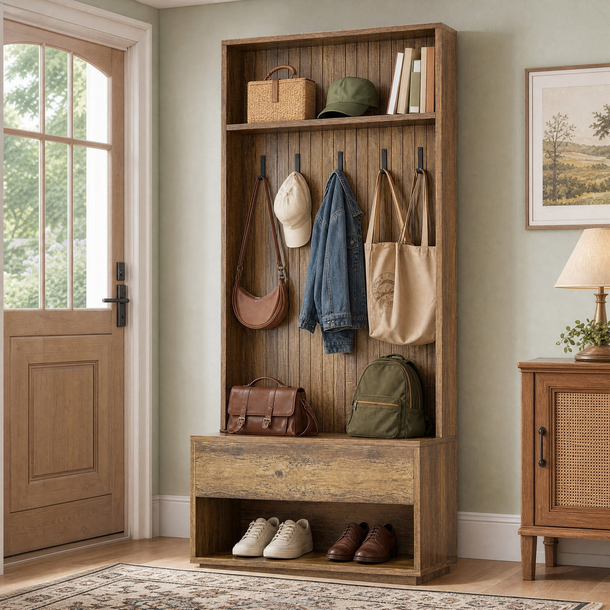 Fnova 70.87" Hall Tree with Bench and Shoe Storage, Freestanding Hall Tree Organizer with Drawer & 5 Hooks, Brown