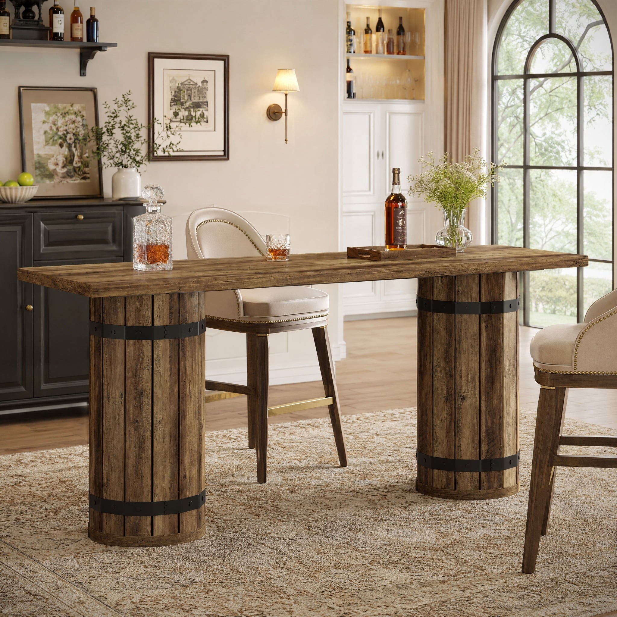 Fnova 70.9" Industrial Long Bar Table, Rectangular Home Bar Unit with Fenced Base, Counter Height Pub Table for Home Bar, Brown