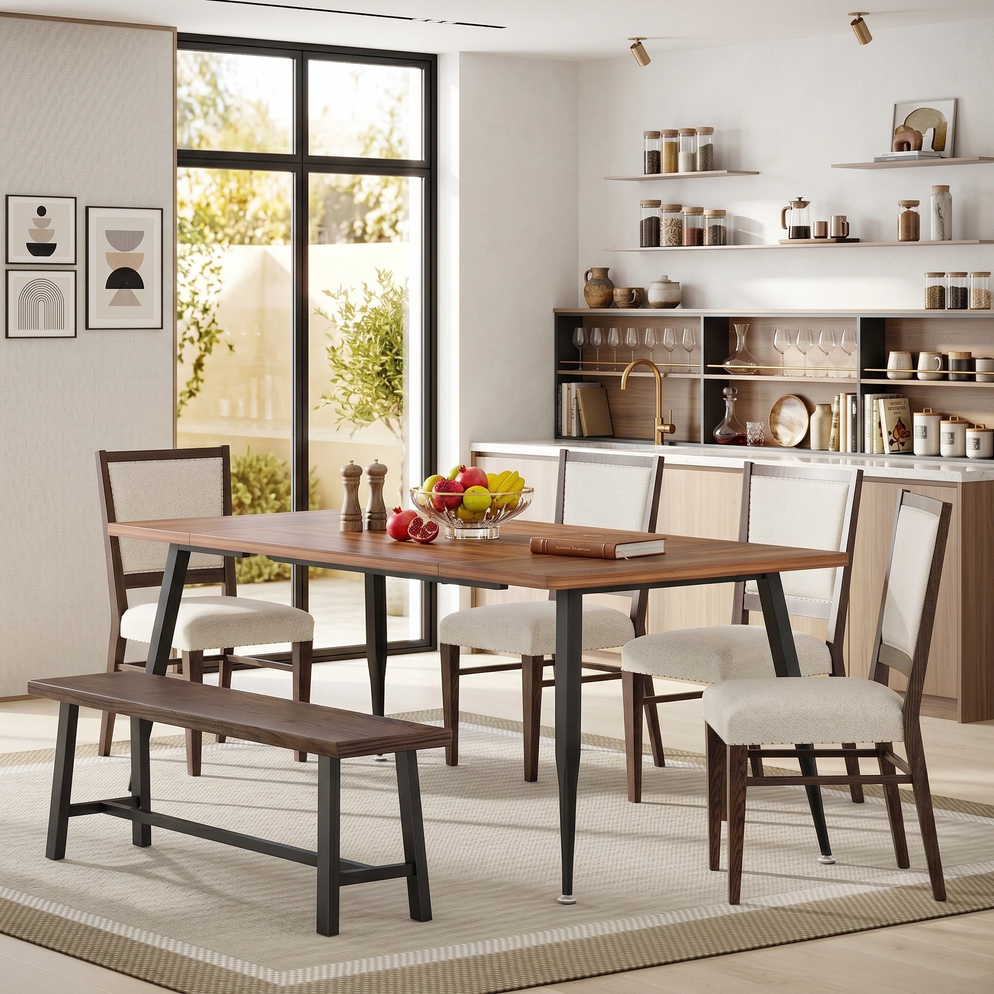 Fnova 70.9" Large Rectangle Dining Table for 6-8, Industrial Kitchen Furniture with Sturdy Metal Legs, Modern Dinner Table, Rustic Brown+Black