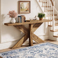 Fnova 70.9" Long Console Entry Table with Wooden Geometric Base, Sofa Table for Entryway, Living Room, Oak Brown
