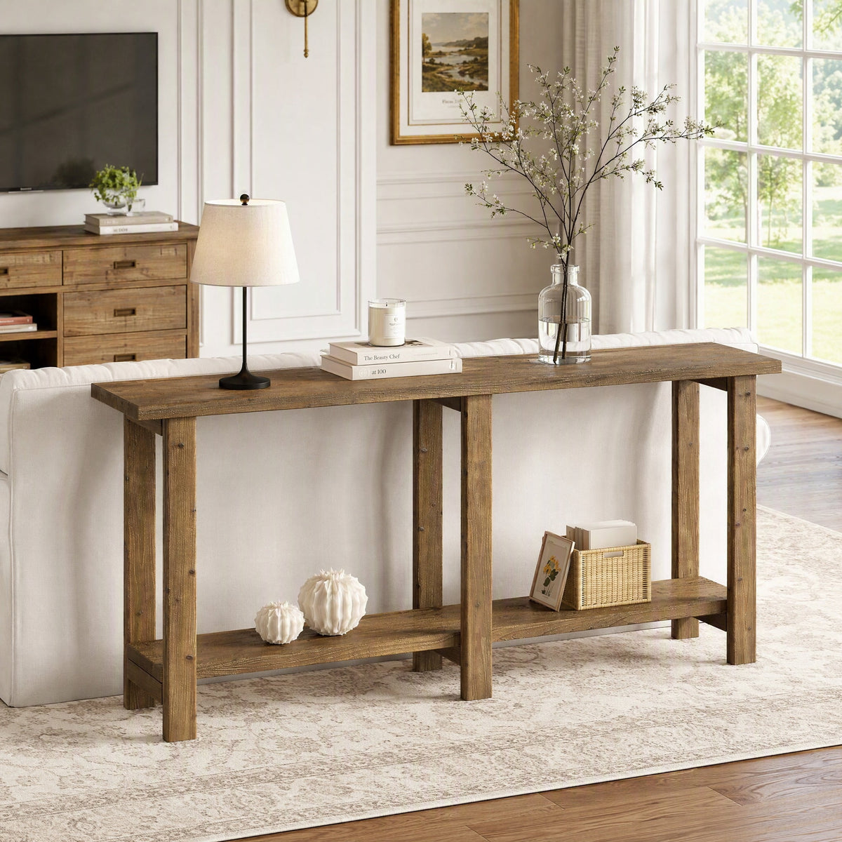 Fnova 70.9" Long Wooden Sofa Table Behind Couch, Farmhouse Solid Wood Console Table, Natural Brown