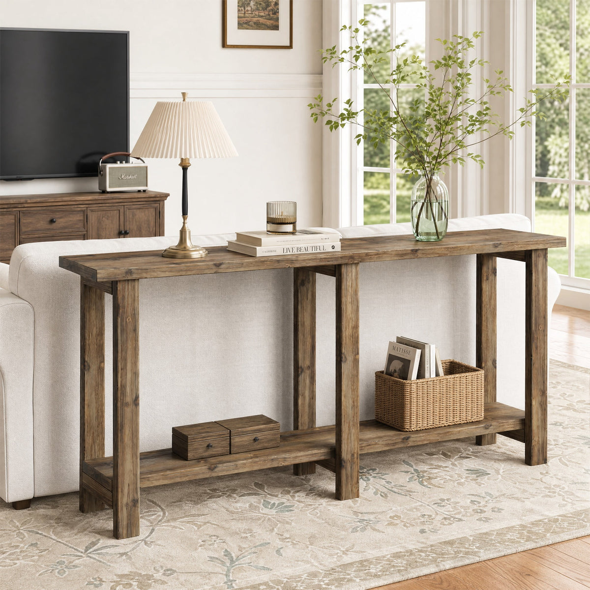 Fnova 70.9" Long Wooden Sofa Table Behind Couch, Farmhouse Solid Wood Console Table, Rustic Brown