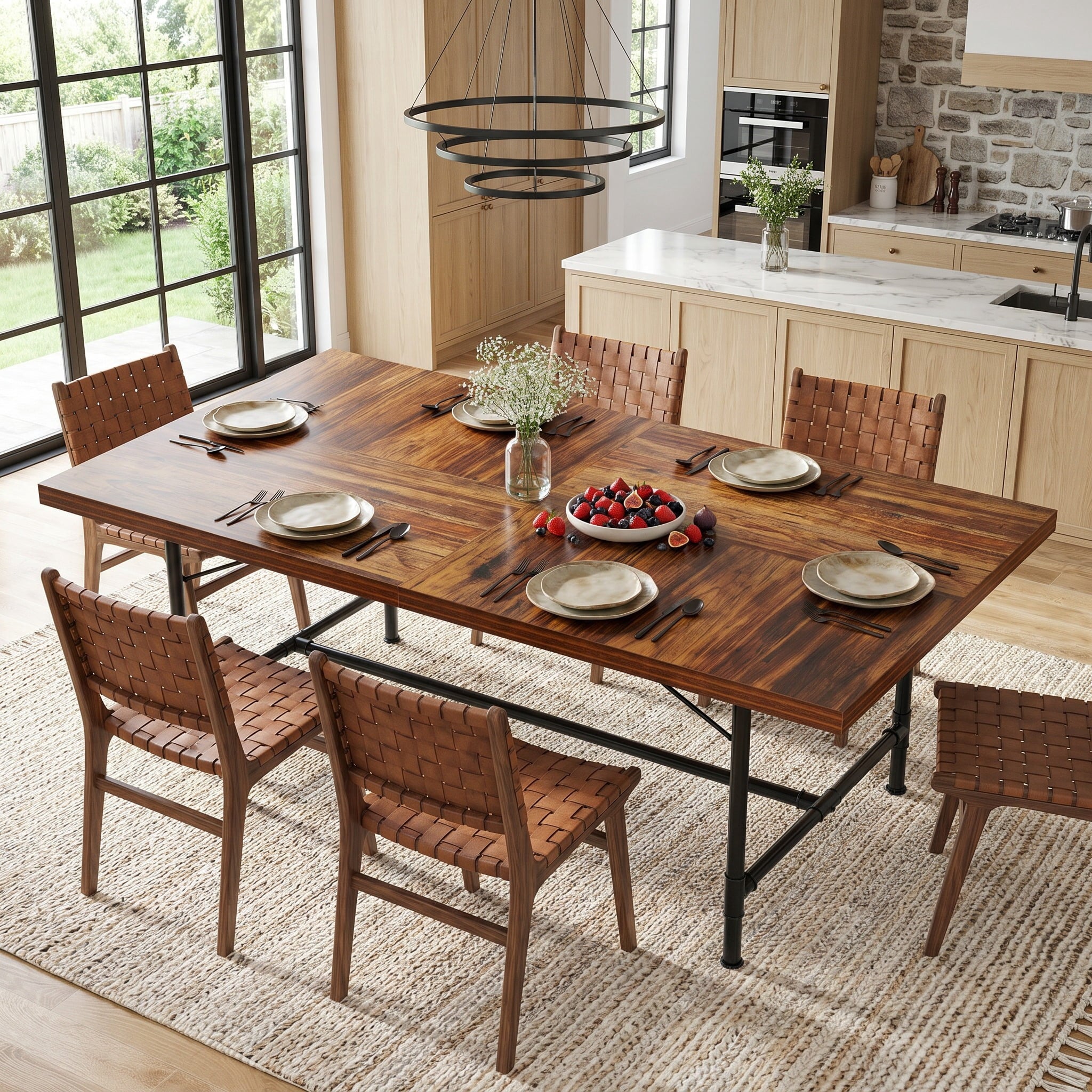 Fnova 70.9" Large Rectangle Wooden Dining Table for 6-8, Kitchen Table with Sturdy Metal Legs for Dining Room Living Room, Brown