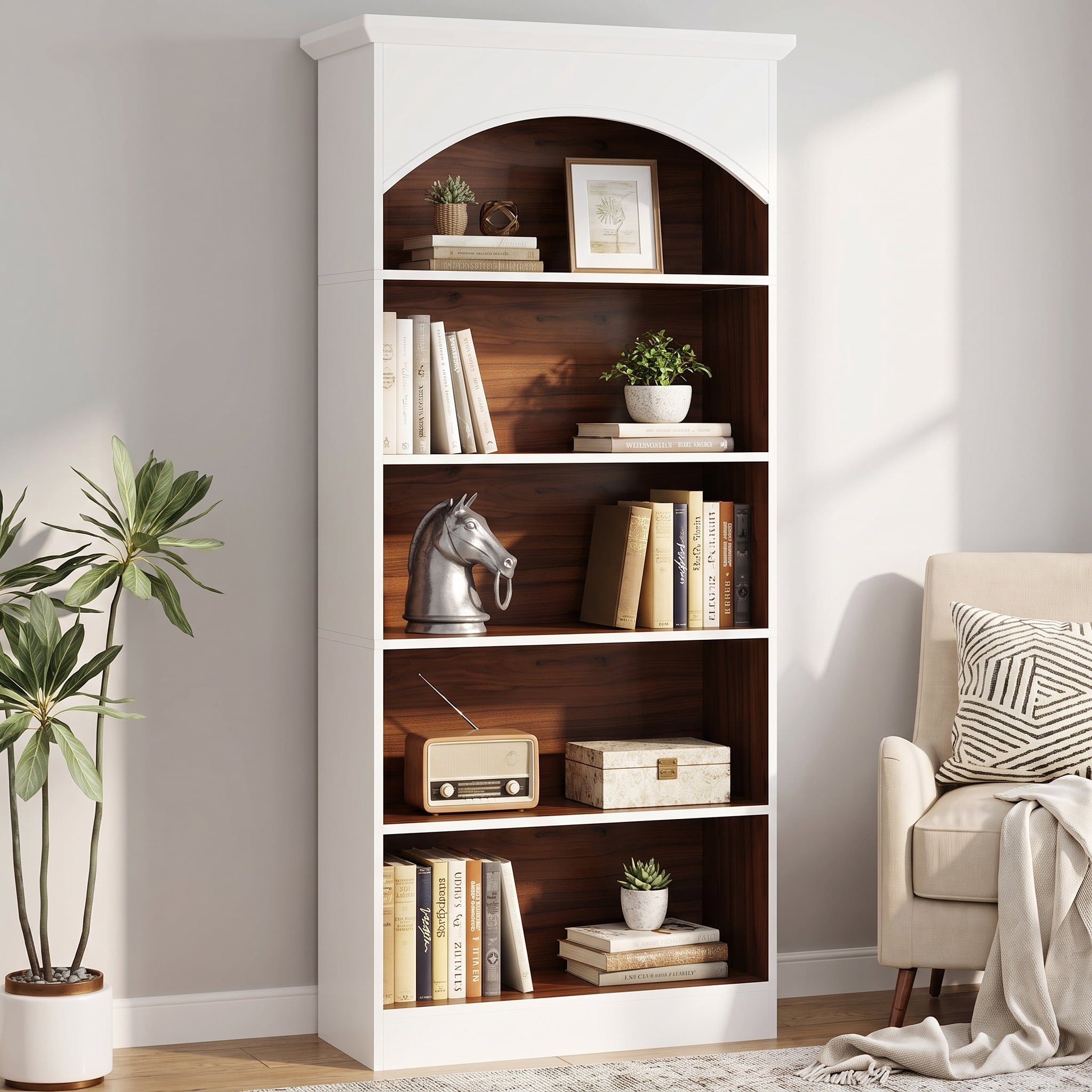 Fnova 70.9" Tall Bookcase, 5-Tier Wooden Bookshelf with Open Shelves, Freestanding Storage Display Shelf for Living Room, Bedroom, Home Office, White & Oak
