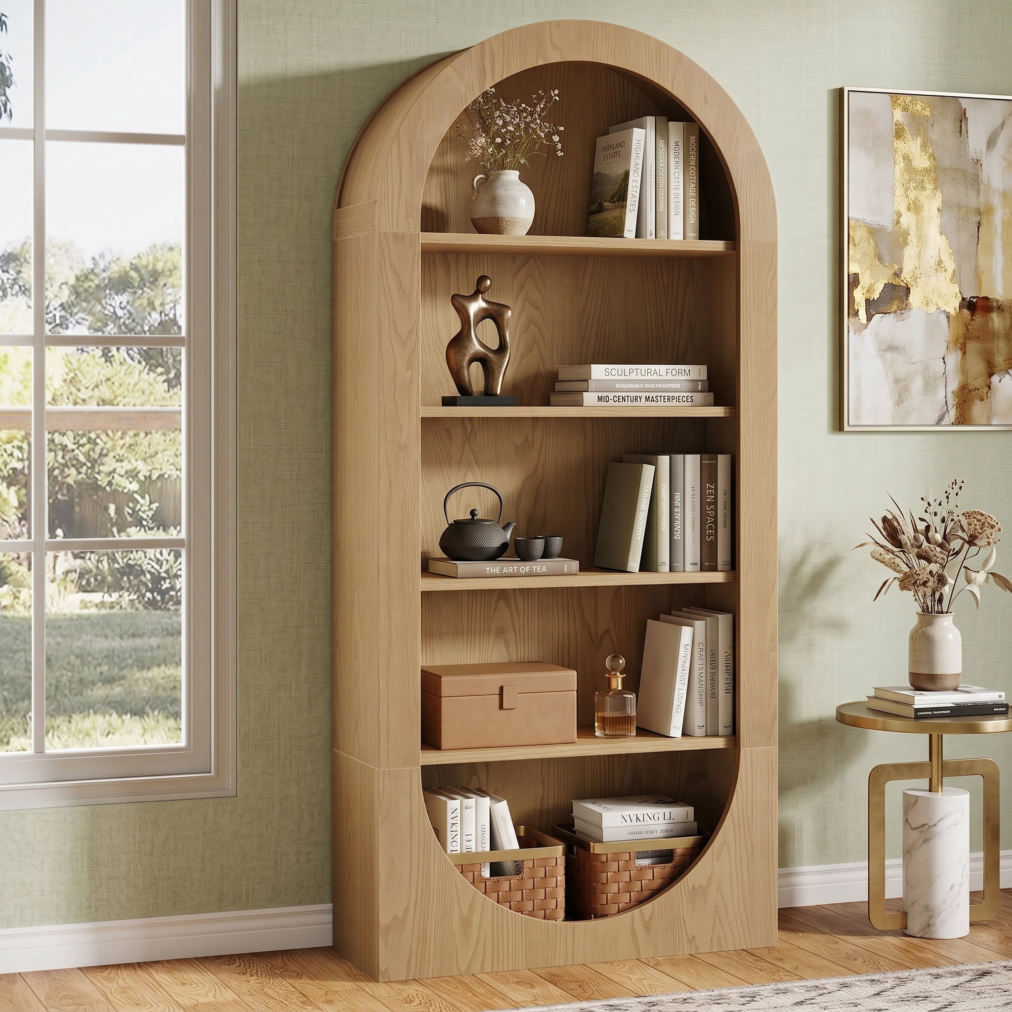 Fnova 70.9" Tall Bookshelf, 5-Tier Arched Bookcase with Open Shelves, Farmhouse Freestanding Display Shelves with Storage, Brown