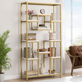Fnova 71.7" Geometric Bookcase, 12 Shelf Modern Bookshelf with Metal Frame, Open Display Storage Shelf for Living Room, Home Office, Bedroom, Gold & White