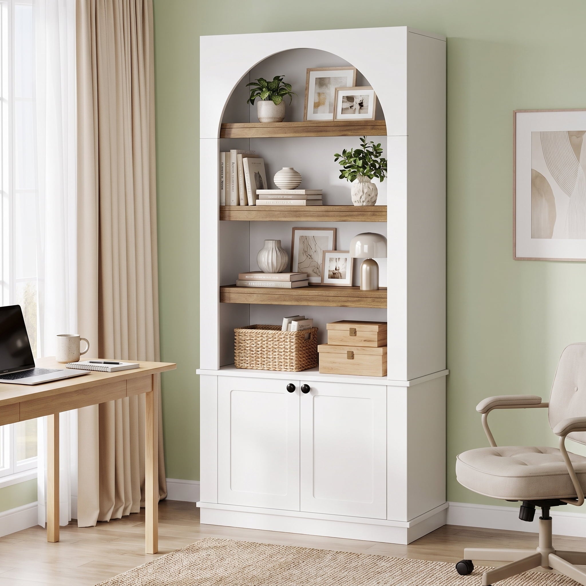 Fnova 71" Arched Bookcase with Storage Cabinet, 6-Tier Tall Bookshelf with Doors, Modern Freestanding Display Shelf for Living Room, Bedroom, Home Office, White