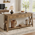 Fnova 71" Extra Long Sofa Table Behind Couch with 3 Storage Drawers, Farmhouse Console Table with Bottom Shelf for Living Room, Brown