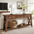 Fnova 71" Extra Long Sofa Table Behind Couch with 3 Storage Drawers, Farmhouse Console Table with Bottom Shelf for Living Room, Walnut