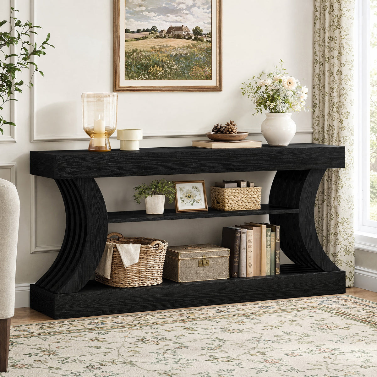 Fnova 71" Long Console Table with Storage, 3-Tier Farmhouse Sofa Table Behind Couch for Entrance, Hallway, Foyer, Living Room, Black