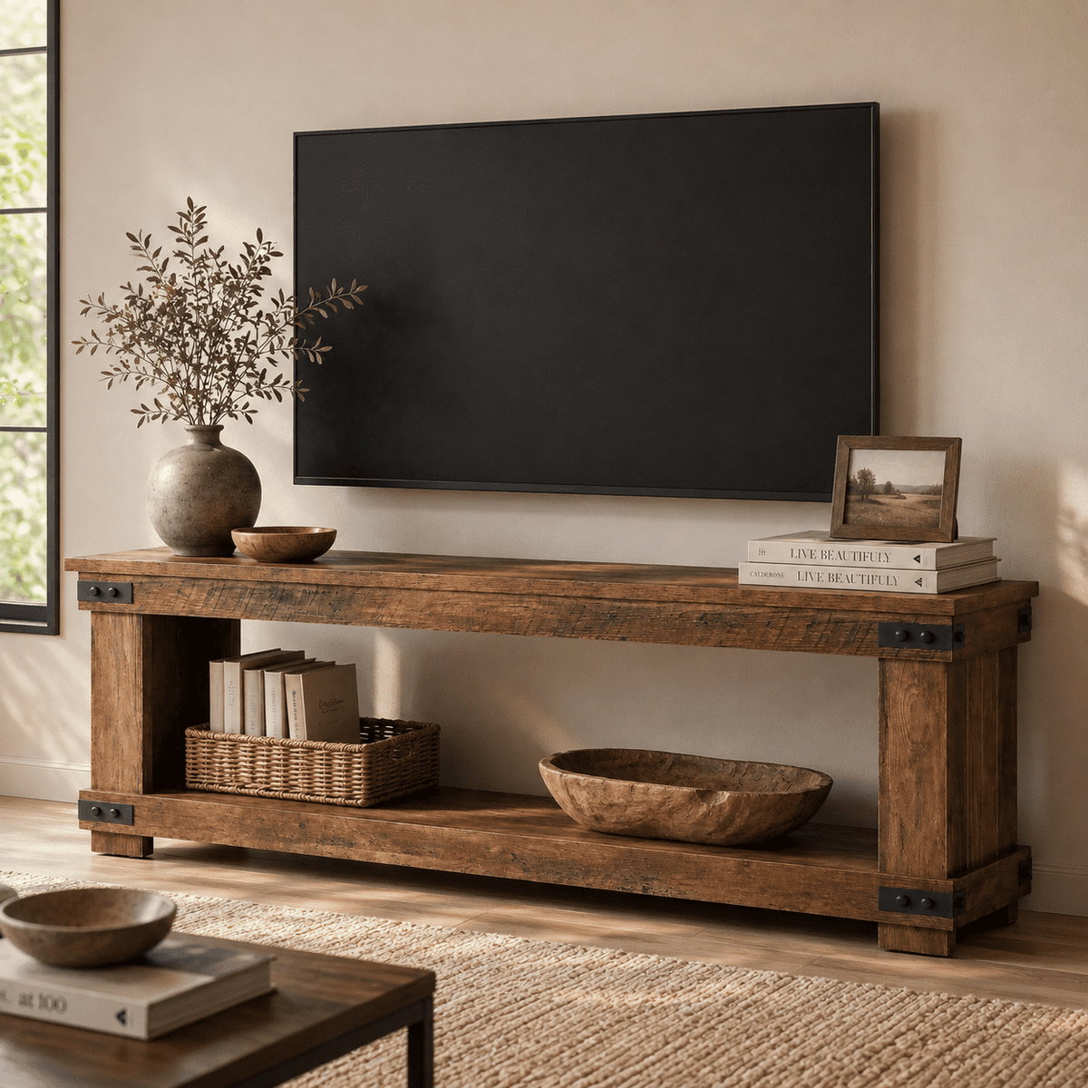 Fnova 71" TV Stand for TVs up to 80 Inch, Farmhouse Entertainment Center with 2-Tier Open Storage Shelves, Wood Media Console Table for Living Room & Bedroom, Rustic Brown