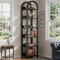 Fnova 71" Tall Narrow Arched Bookshelf, 6-Tier Farmhouse Wooden Bookcase, Display Shelf Rack for Living Room, Home Office, Small Spaces, Black