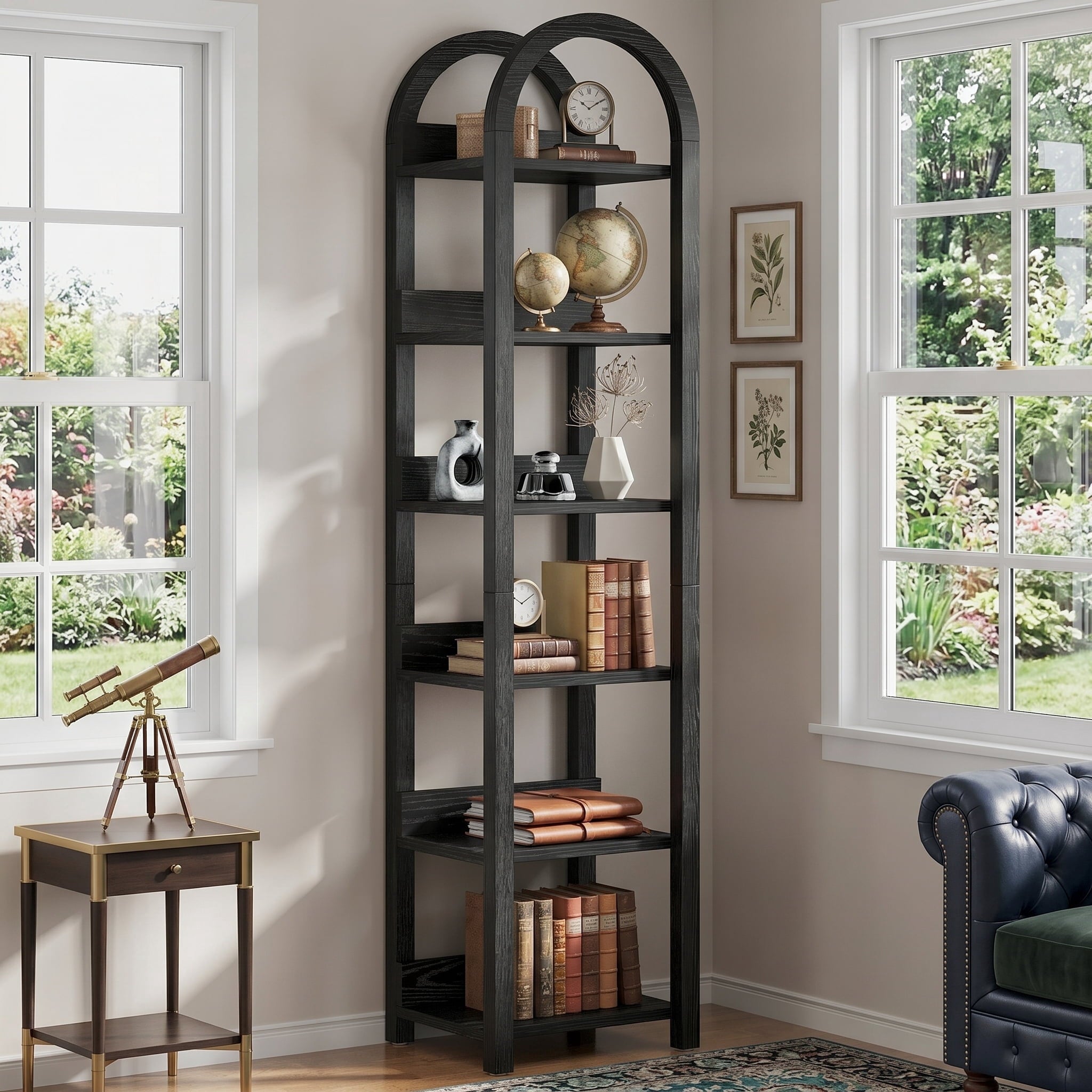 Fnova 71" Tall Narrow Arched Bookshelf, 6-Tier Farmhouse Wooden Bookcase, Display Shelf Rack for Living Room, Home Office, Small Spaces, Black