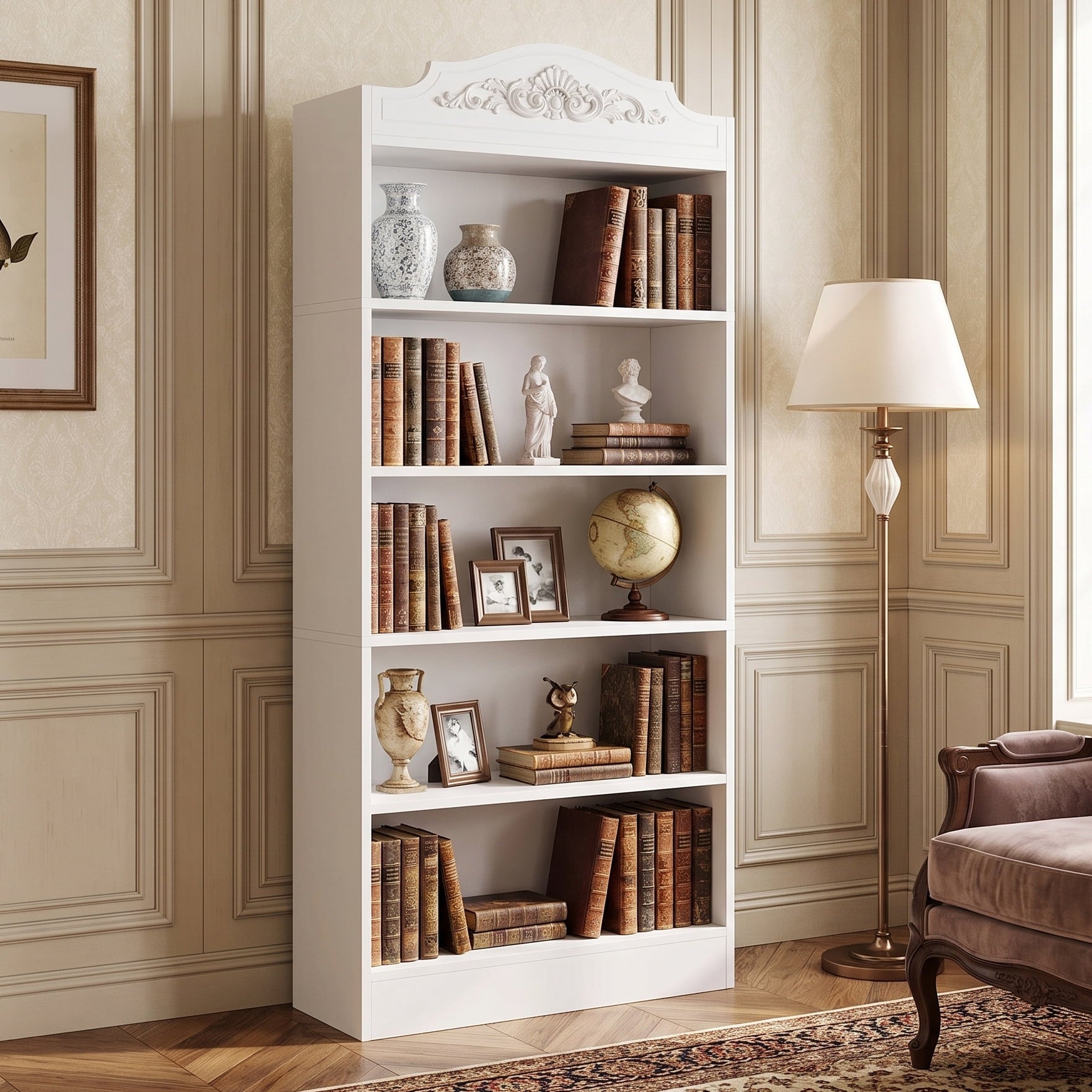 Fnova 73" Tall Bookcase, 5-Tier Wooden Bookshelf with Open Storage Shelves, Freestanding Display Bookcase for Living Room, Bedroom, Home Office, White