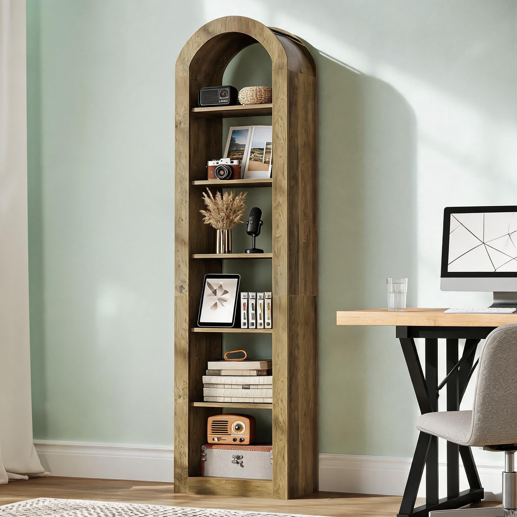 Fnova 74.8" Open Arch Bookcase, 6-Tier Display Storage Shelf, Space-Saving Farmhouse Bookshelf for Living Room, Bedroom, Home Office, Brown