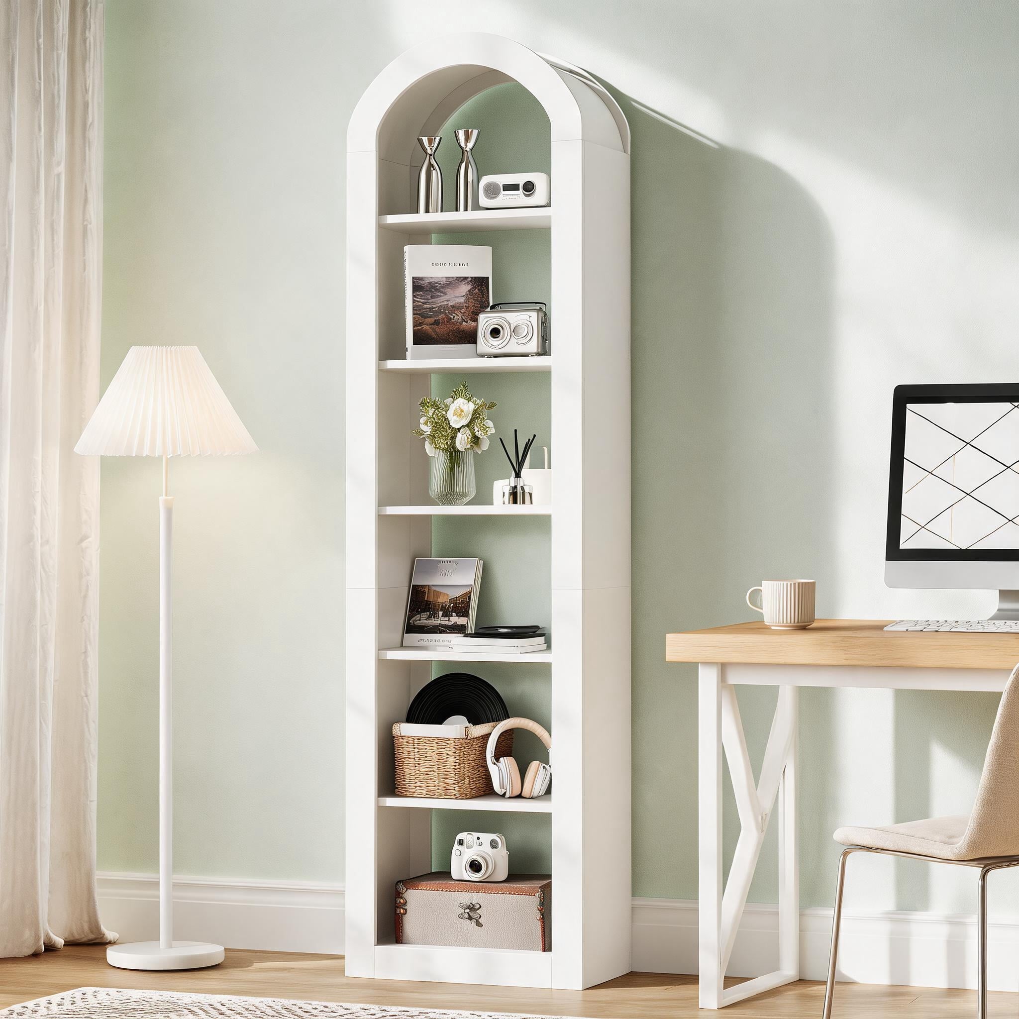 Fnova 74.8" Open Arch Bookcase, 6-Tier Display Storage Shelf, Space-Saving Farmhouse Bookshelf for Living Room, Bedroom, Home Office, White