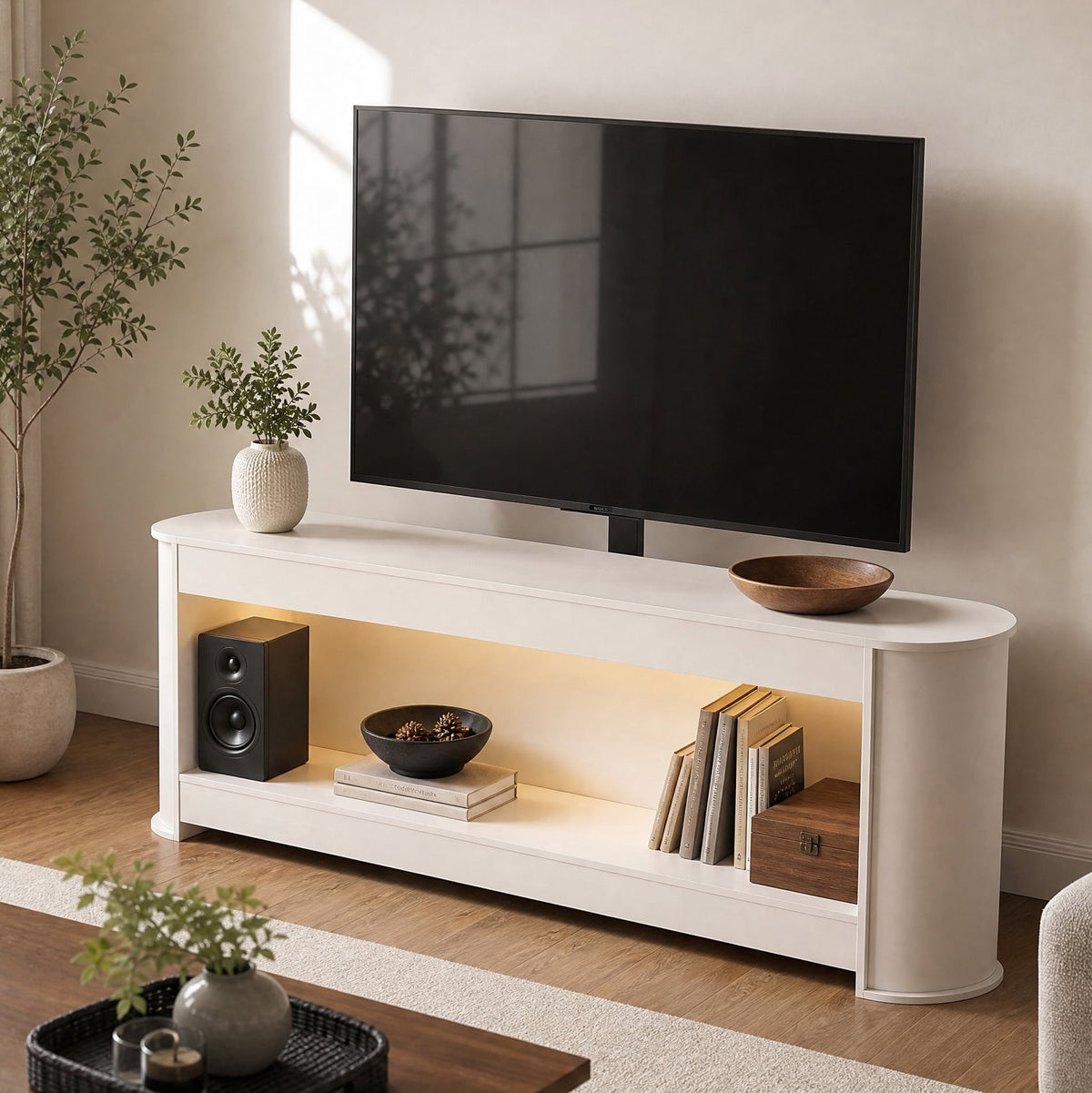 Fnova 76.77" White Modern TV Stand with LED Lights, Entertainment Center for up to 85 Inch TVs, Low Profile Media Console for Living Room