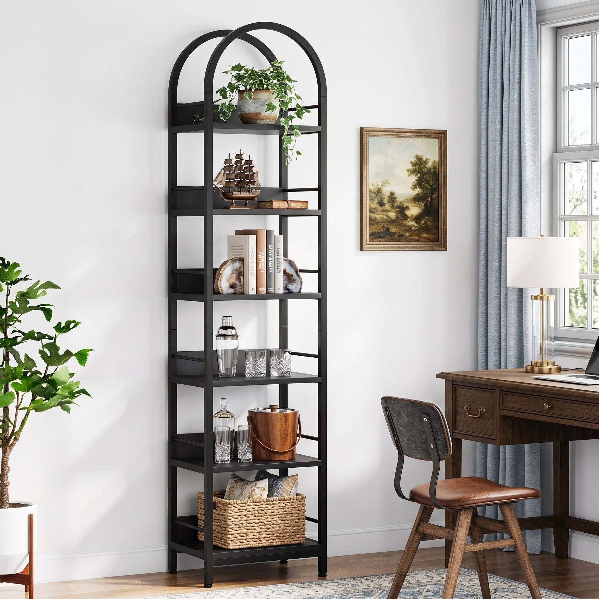 Fnova 78.7" Narrow Arched Bookcase with Metal Frame, 6-Tier Open Tall Bookshelf, Farmhouse Corner Display Shelves for Living Room, Home Office, Black