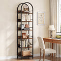 Fnova 78.7" Narrow Arched Bookcase with Metal Frame, 6-Tier Open Tall Bookshelf, Farmhouse Corner Display Shelves for Living Room, Home Office, Brown