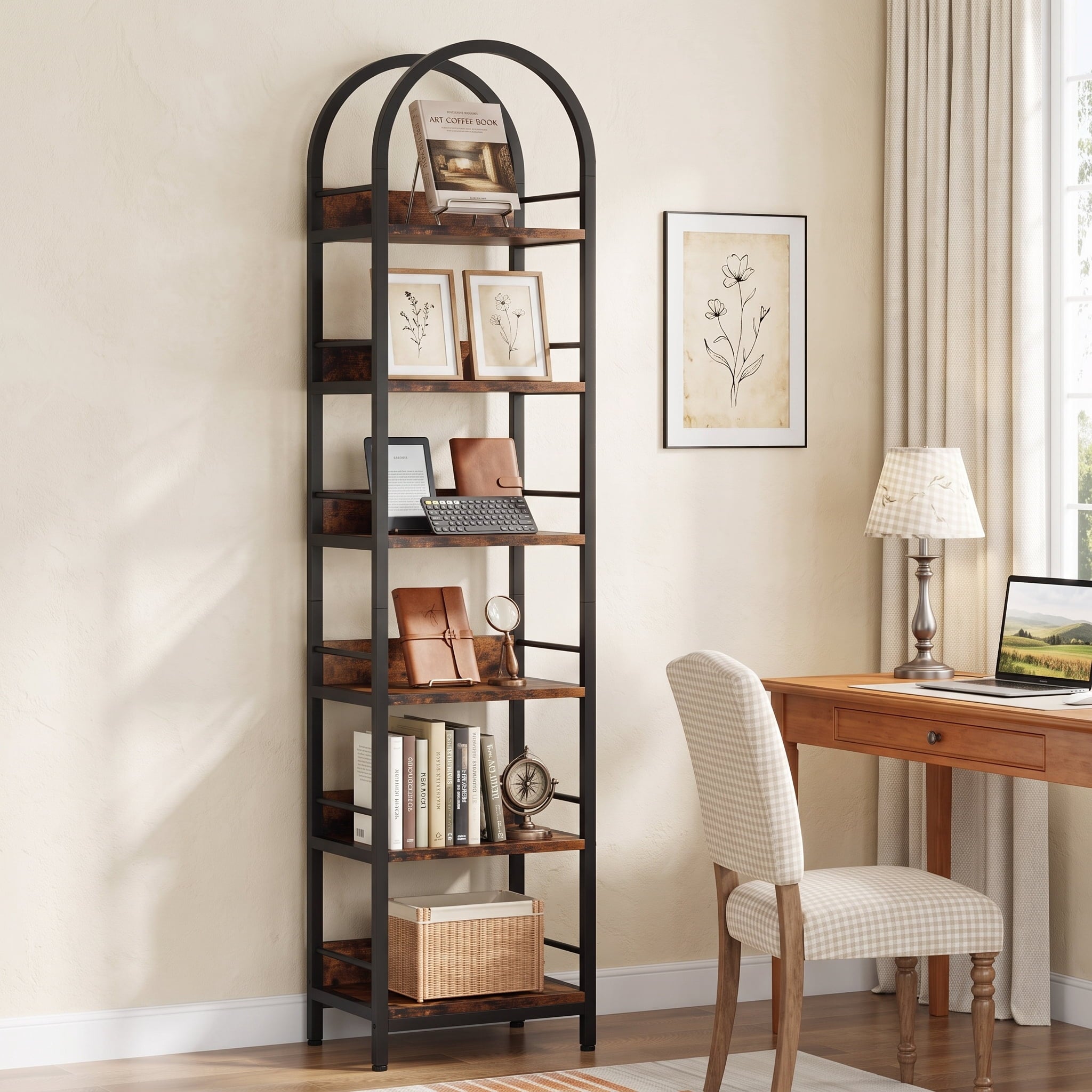 Fnova 78.7" Narrow Arched Bookcase with Metal Frame, 6-Tier Open Tall Bookshelf, Farmhouse Corner Display Shelves for Living Room, Home Office, Brown