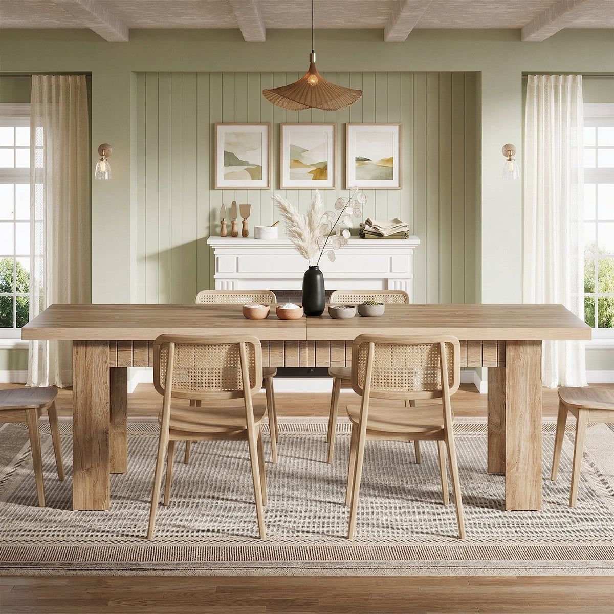 Fnova 79" Dining Table for 6-8 Person, Farmhouse Extra Long Narrow Rectangular Wooden Kitchen Table for Gathering, Dining Room, Kitchen, Heavy Duty, Natural Oak