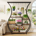 Fnova 8-Tier 71" Plant Stand with Grow Lights & 10 Hanging Hooks, Vase-Shape Metal Flower Holder for Indoor, Balcony, Living Room, Brown & Black
