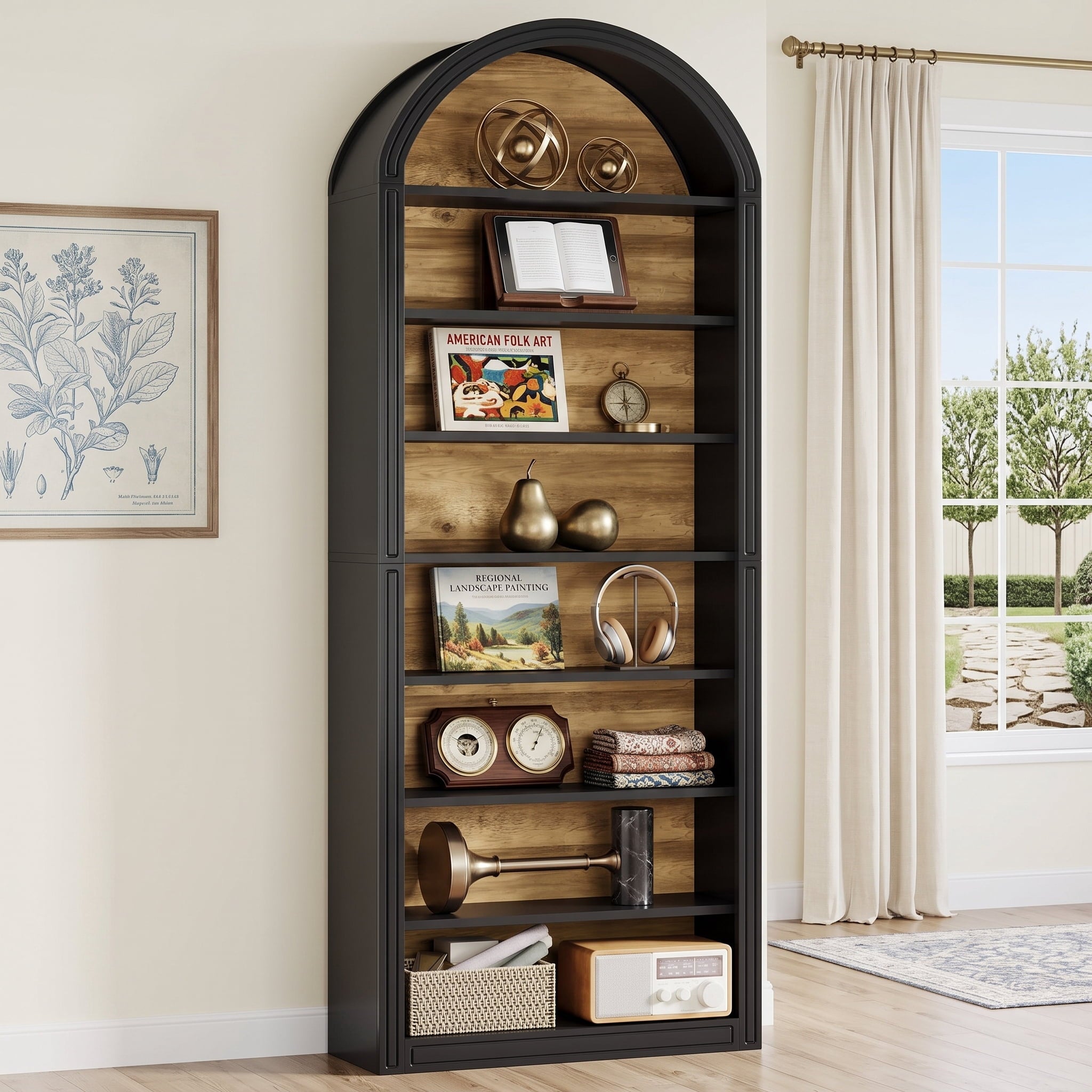 Fnova 8-Tier 78.7" Tall Arched Bookcase, Wooden Open Bookshelf Display Shelf for Living Room Bedroom Office Library, Black