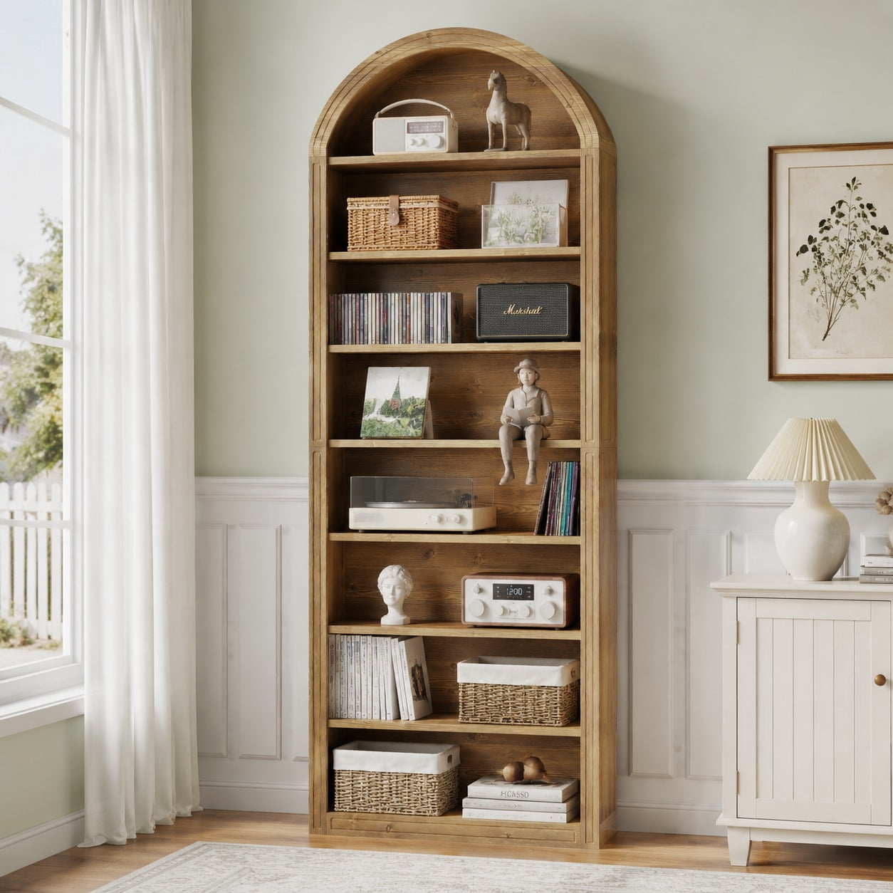 Fnova 8-Tier 78.7" Tall Arched Bookcase, Wooden Open Bookshelf Display Shelf for Living Room Bedroom Office Library, Brown