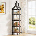 Fnova Bird Cage Shape Corner Bookshelf, 4-Tier Industrial Round Display Storage Rack for Living Room, Small Space, Rustic Brown