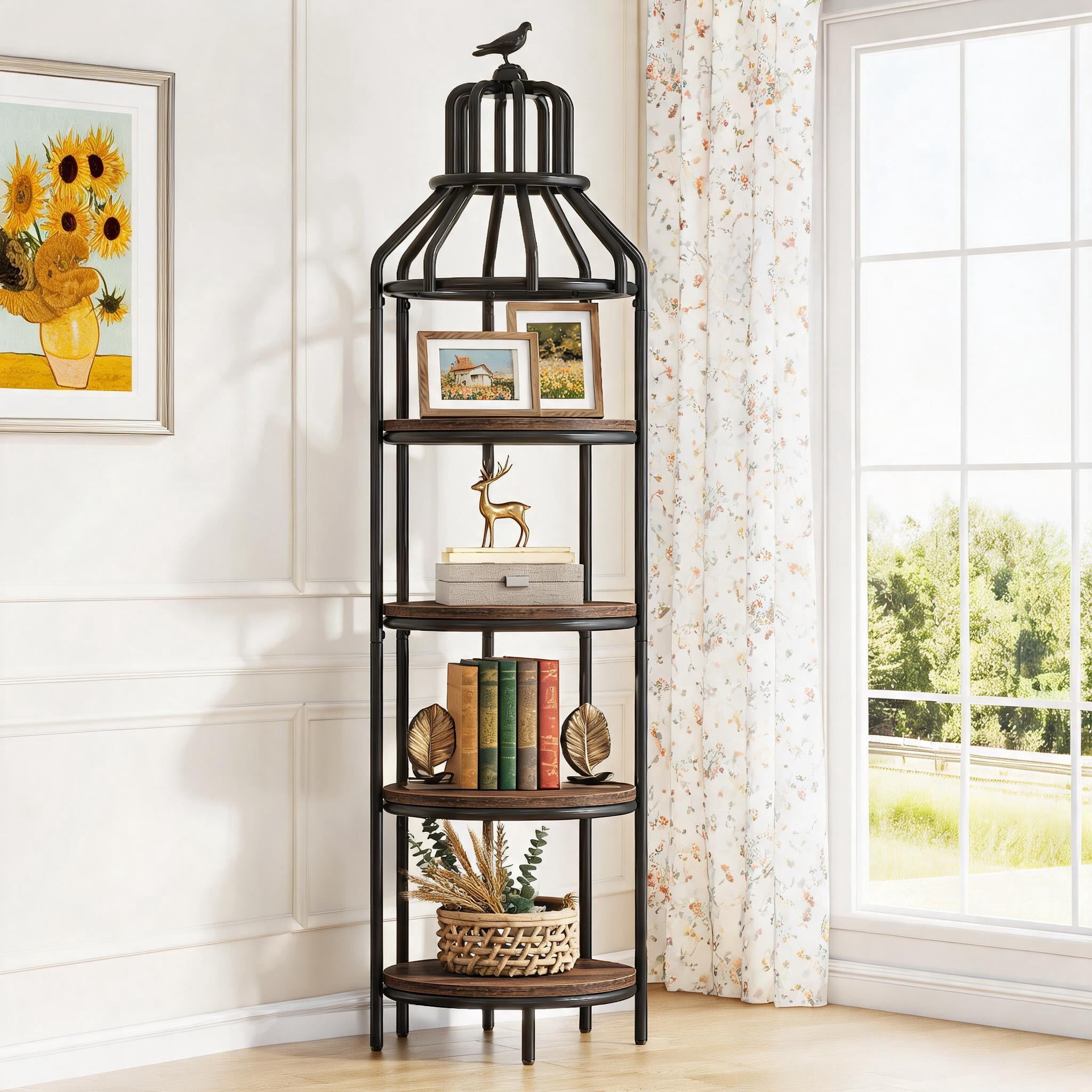Fnova Bird Cage Shape Corner Bookshelf, 4-Tier Industrial Round Display Storage Rack for Living Room, Small Space, Rustic Brown