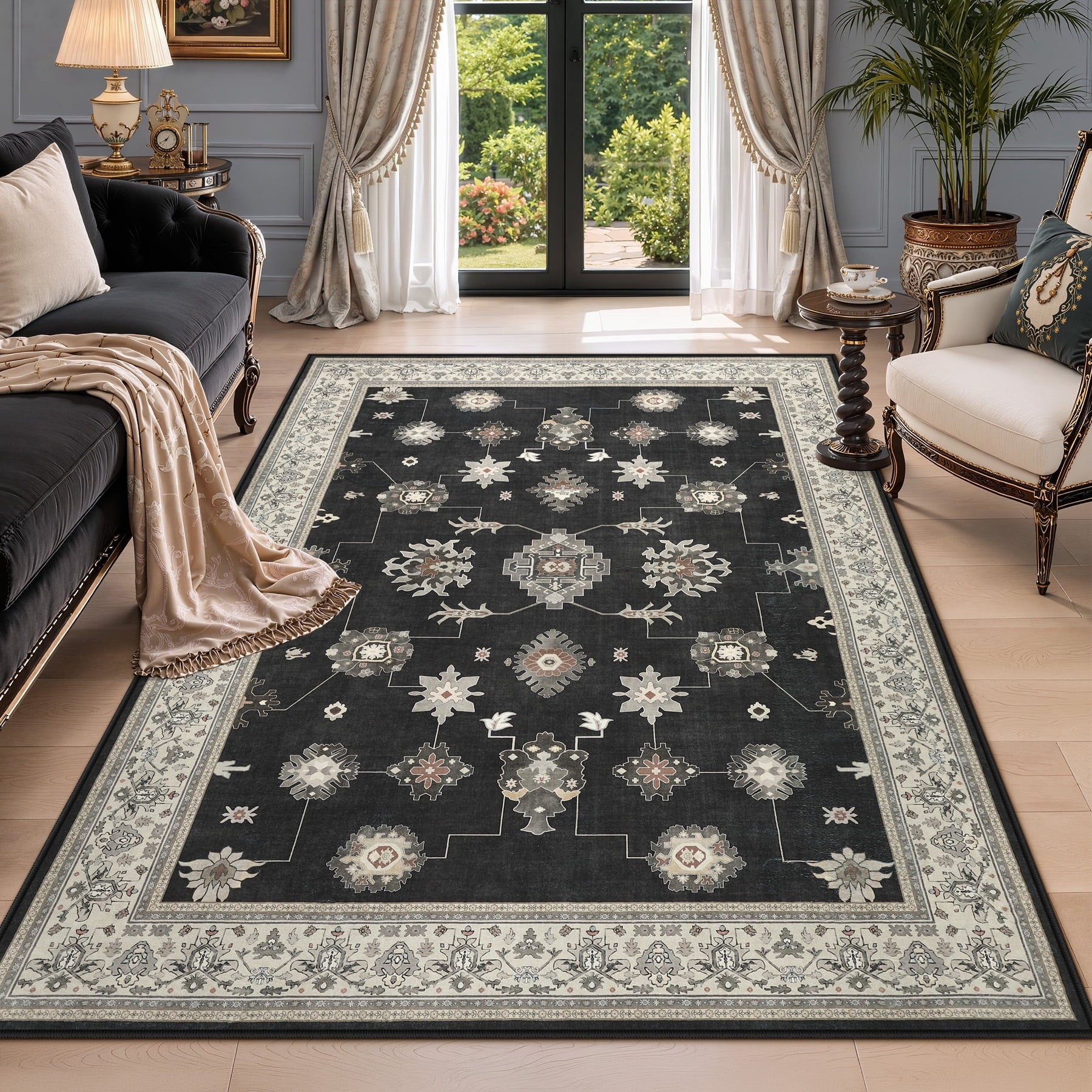 Fnova Boho Black 5x7 Washable Area Rugs for Living Room, Soft Non-Slip Vintage Rugs for Bedroom Dining Room, Farmhouse Ultra Thin Indoor Carpet for Playroom Office Decor